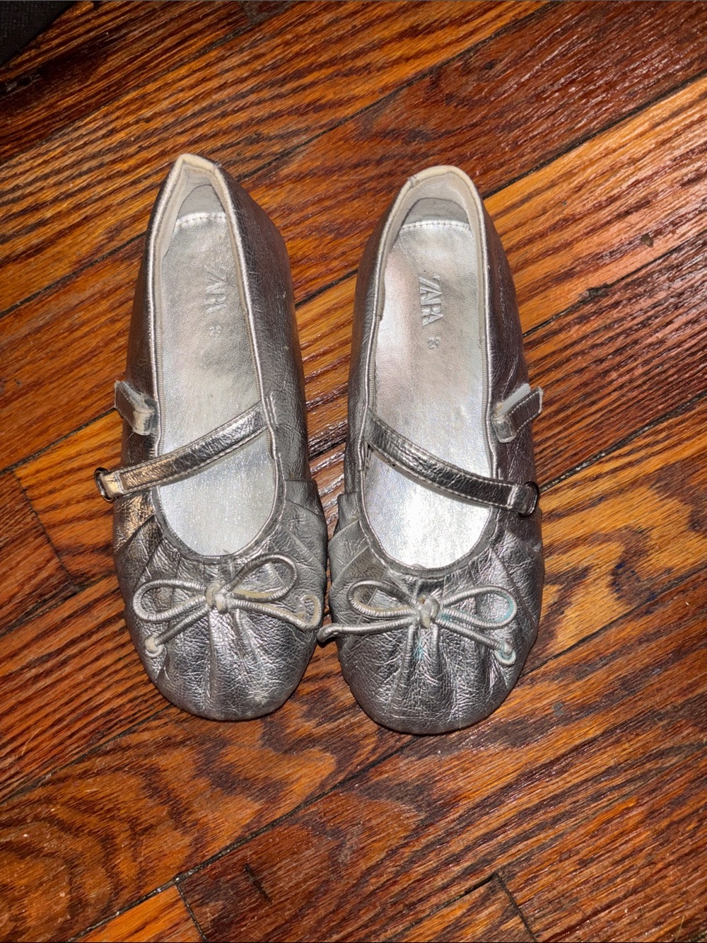 Zara Metallic Silver Mary Jane Ballet Flats with Bow